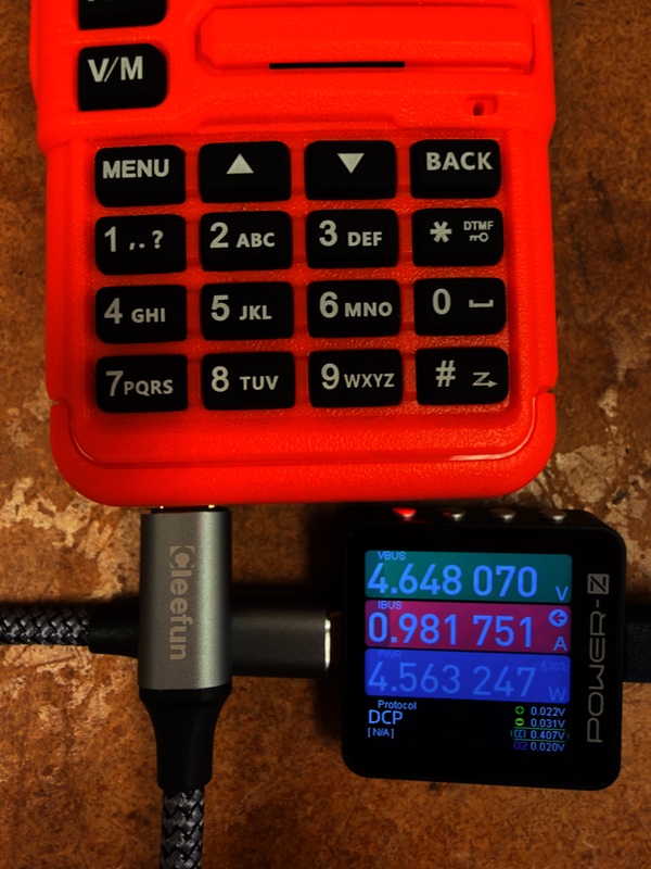 Power meter showing 5 volt 1 amp current draw charging the H9 battery directly via USB-C
